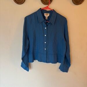 Talbots Irish Linen blue crop button up shirt size 14/ large